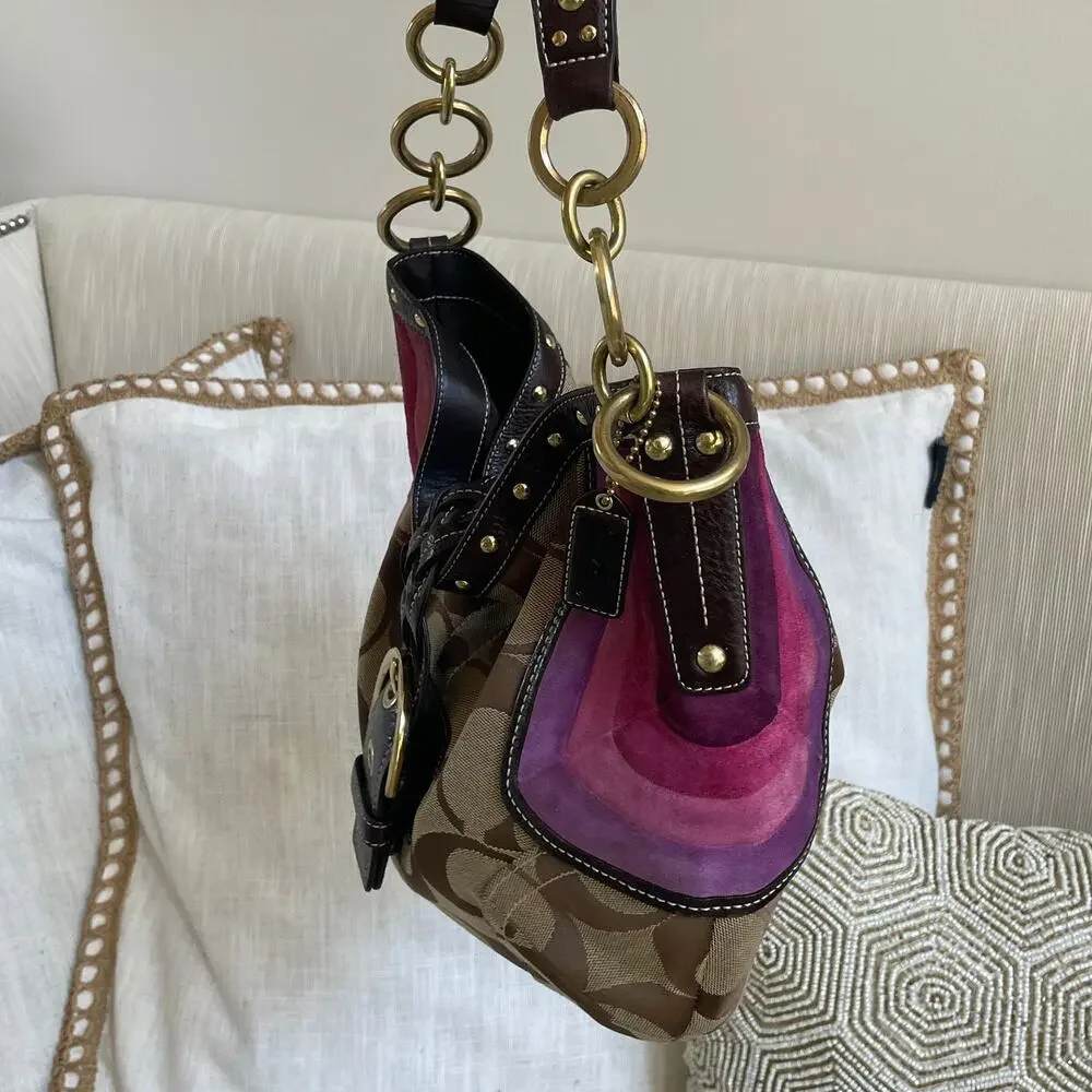 Rare Lmt Edition Coach 6426 Purple Suede Stripe Hobo Studs | Y2K Collector Grail - Picture 7 of 12